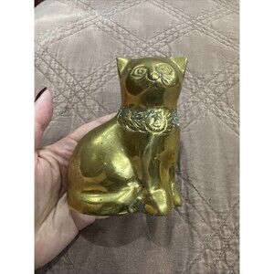 VTG Brass Cat Kitten Figurine Statue 4.75" Tall Sitting Tail Curled,whiskers